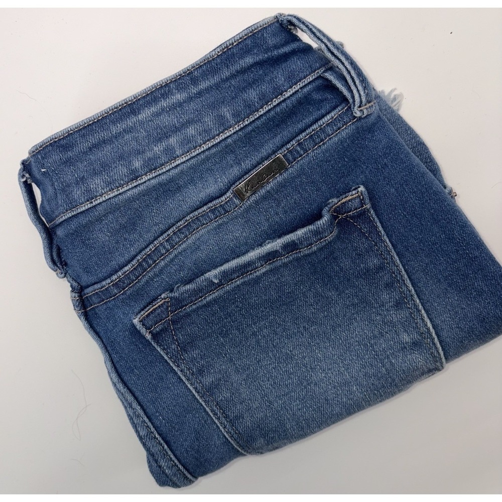 Kancan Mid Rise Frayed Raw Hem Denim Shorts Large 5" Medium Wash‎ Button Fly